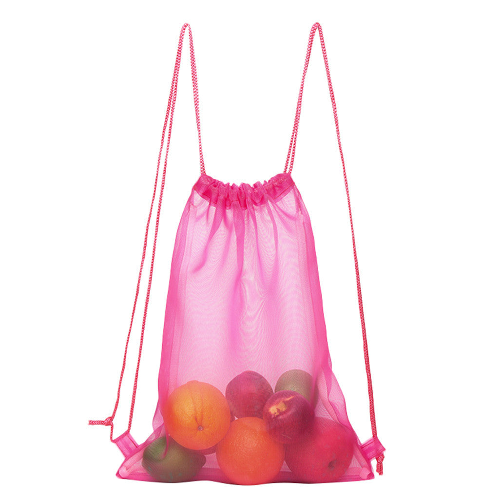 Reusable Mesh Shopping Bag filled with fruits, showcasing its vibrant pink color and drawstring design for convenience.