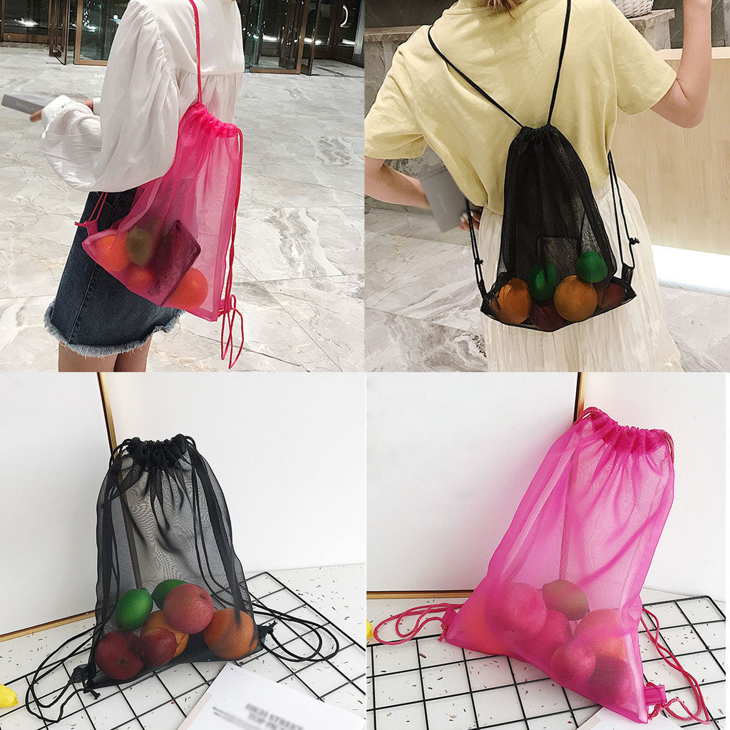 Reusable Mesh Shopping Bag displayed in pink and black, filled with fruits, ideal for groceries and daily use.